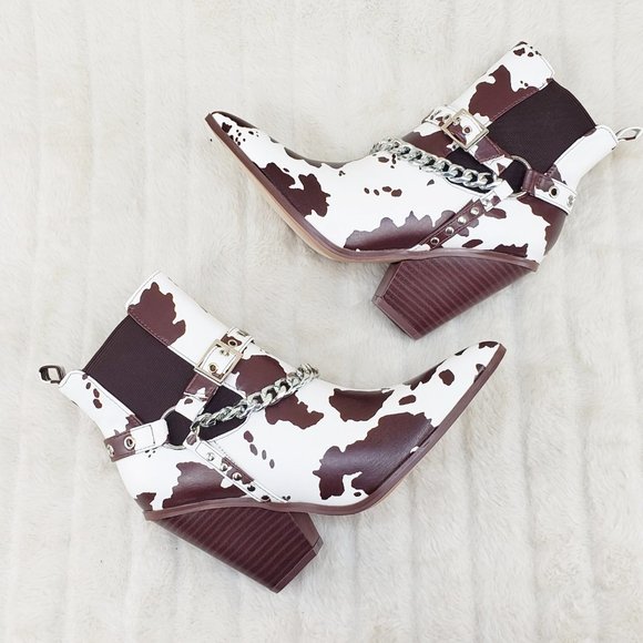 Demitri Brown White Cow Print Western Cowgirl Pull On Ankle Boot - Picture 11 of 13